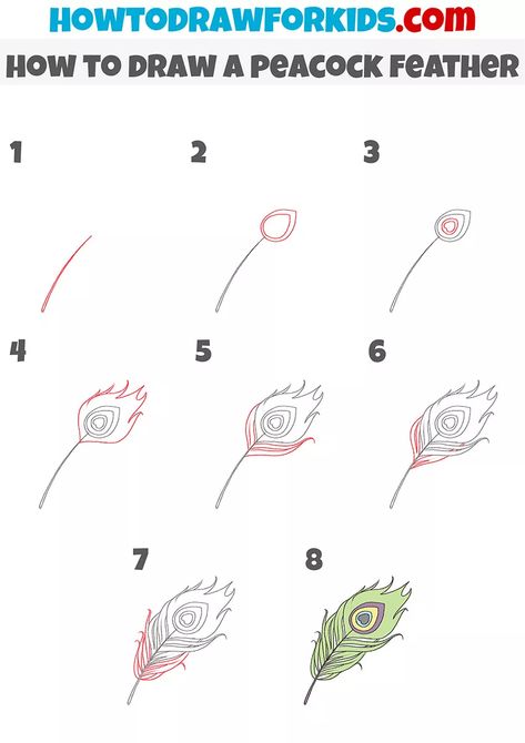 How to Draw a Peacock Feather - Easy Drawing Tutorial For Kids Peacock Drawing Feather, Draw A Feather Step By Step, Morpankh Drawing Easy, Peacock Feather Doodle, How To Draw A Peacock Feather, How To Paint A Peacock Feather, Easy Peacock Feather Drawing, How To Draw Peacock Feathers, Krishna Mor Pankh Drawing