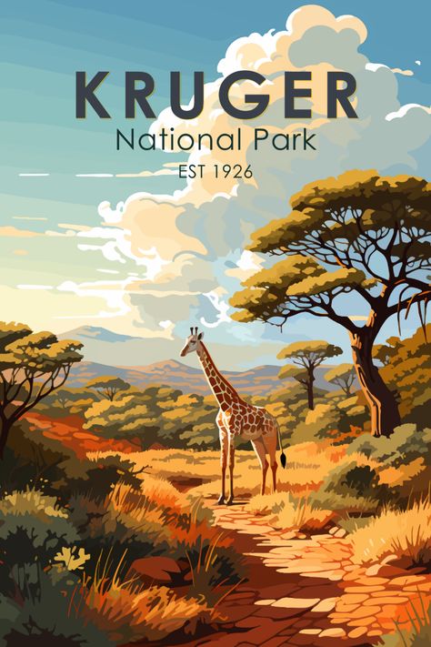 Retro Kruger National Park Giraffe Poster – A timeless masterpiece of African wildlife. South Africa Travel Poster, Vintage Travel Posters Africa, Vintage Tourism Posters, South Africa Illustration, South Africa Poster, African Poster, Safari Poster, Africa Drawing, South Africa Art