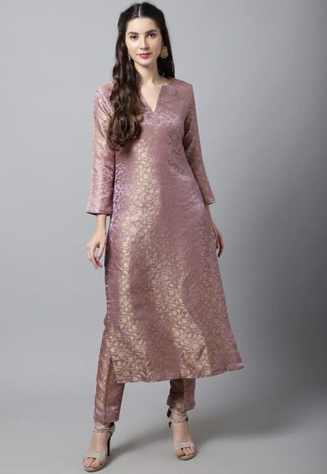 Trending Kurta Designs Women, Brocade Coord Set Indian, Latest Brocade Suit Designs, A Shape Suit Designs, Silk Kurti Set Designs Latest, Kurta With Saree, Brocade Salwar Suit Design, Brocade Kurta Set, Straight Kurti Designs Latest Party Wear