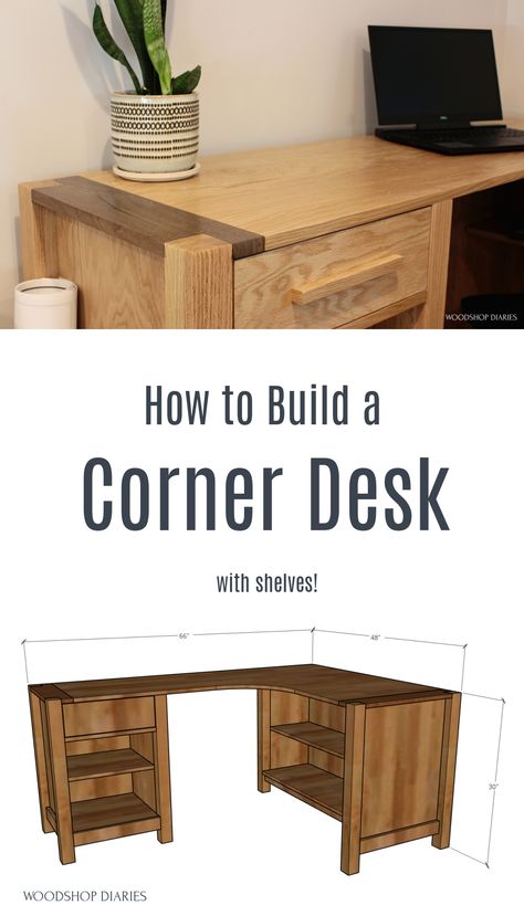 Build your own DIY L-Shaped Corner Desk with Shelves and two tone corners! Extra corner desk leg room with inset shelving allows for plenty of storage in a small office space. How to Build a corner desk building plans available here. Diy L Shaped Desk With Storage, Diy L Shaped Desk Plans, Desk Building Plans, Diy Desk With Storage, L Shaped Desk With Shelves, Diy L Shaped Desk, Corner Desk With Shelves, L Shaped Desk Plans, Corner Desk Plans