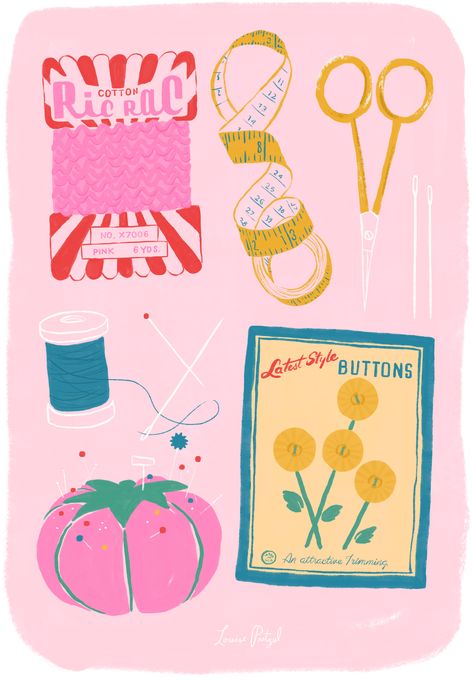 pretty in pink art print featuring vintage sewing and craft supplies illustration, including ric rac, kitschy novelty buttons, and a pink tomato pin cushion. a great addition as framed art wall decor to add flair to any crafting or sewing room that will inspire great creative ideas!  #crafting #sewing #craftroom #sewingideas #vintage #retro #artprint #walldecor #vintageinspired Kawaii, Vintage Sewing Art, Craft Supplies Aesthetic, Vintage Sewing Illustration, Sewing Aesthetic Wallpaper, Vintage Sewing Aesthetic, Sewing Graphic Design, Kitschy Illustration, Art Supplies Illustration