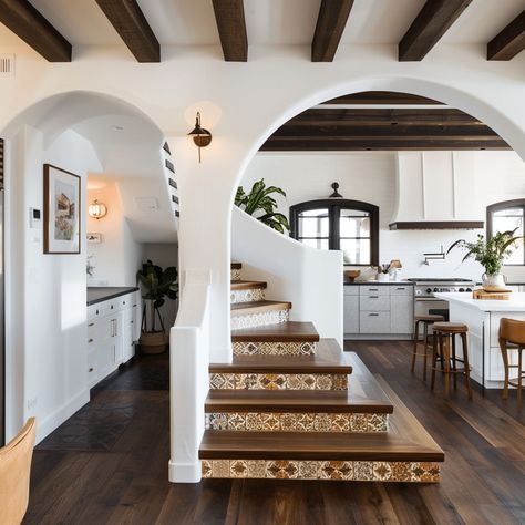 Modern Spanish Colonial Interior, Spanish Home Entrance, Spanish Open Kitchen, Spanish Interiors Decor Ideas, Spanish Barndominium Ideas, Modern Spanish Interior Design Kitchen, Spanish Modern Fireplace Ideas, Mexican Style Kitchens Haciendas, French Country Spanish Style