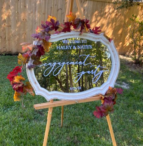 Outdoor Engagement Party Ideas Diy, Engagement Party Backdrop Ideas, Engagement Party Signs Welcome, Engagement Signs Ideas, Fall Themed Engagement Party, Outdoor Engagement Party Ideas, Engagement Party Themes Ideas, Diy Engagement Party Decorations, Fairytale Picnic