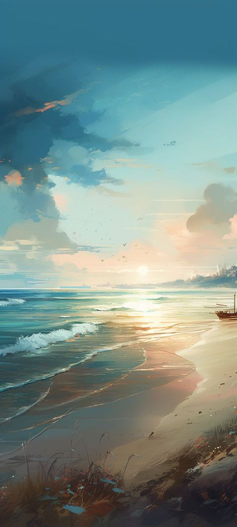 Dive into this serene ocean scene illustration, where cool, vivid blues of the sunrise sky mingle with sandy neutrals, creating a refreshing visual experience. Immerse yourself in the calming embrace of sea and sand, and let the tranquil waters soothe your soul. Perfect for a mobile wallpaper or background. Ocean Drawing, Ocean Backgrounds, Scene Drawing, Sunrise Art, Beach Illustration, Scene Art, Ocean Scenes, Music Backgrounds, Beach Wallpaper