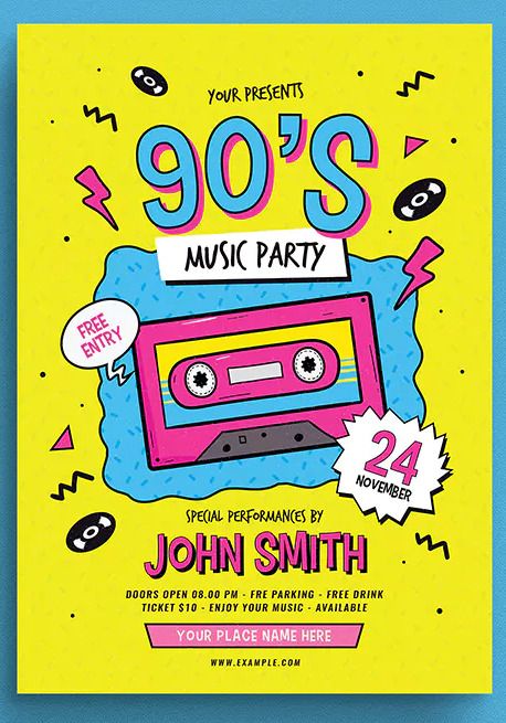 90s Music Party Flyer Template AI, PSD - A4 Size. Download 90s Graphic Design, 90's Aesthetic, 90s Theme Party, 90s Design, 90s Theme, Party Flyer Template, Desain Editorial, Graphic Design Flyer, 90s Music