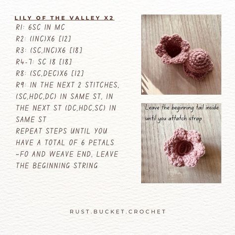 •lily of the valley free pattern• ~by @rust.bucket.crochet . . When publishing your work please give credit to me ☺️❤️ | Instagram Amigurumi Patterns, Crochet Lily Of The Valley Flower Free Pattern, Lily Of The Valley Pattern Crochet, Lily Of The Valley Knitting Pattern, Crochet Flowers Lily Of The Valley, Quick Crochet Flower Free Pattern, How To Crochet Flowers Free Pattern, Crochet Lily Of The Valley Tutorial, How To Crochet Lily Of The Valley