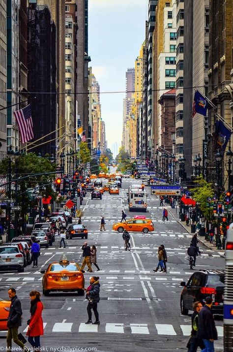 While there are many crosswalks for people to get around, this can be a dangerous thing when crossing the street because there is a lot going around. Widening the sidewalks will provide more space for people to walk and create a safer environment. Madison Avenue Nyc, New York Pictures, Nyc Aesthetic, Manhattan Nyc, Midtown Manhattan, New York Photos, City That Never Sleeps, Madison Avenue, Concrete Jungle