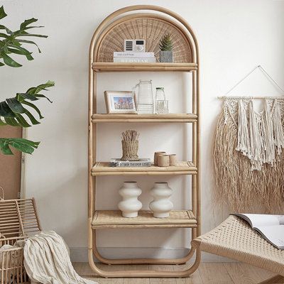 This bookcase is made of rattan, Multi-layer of open storage design, can be placed books and magazines, small bonsai, decorations and so on. All rattan polished smooth without burrs. Open eco-friendly paint coating, health and environmental protection. | Everly Quinn Modern Simple Arch Beige Rattan Woven Bookcase Brown | C110934515 | Wayfair Canada Shelves For Display, Narrow Bookshelf, Hygge Living, Open Bookshelves, Wicker Shelf, Wardrobe Furniture, College Room, Wooden Bookcase, Display Shelf