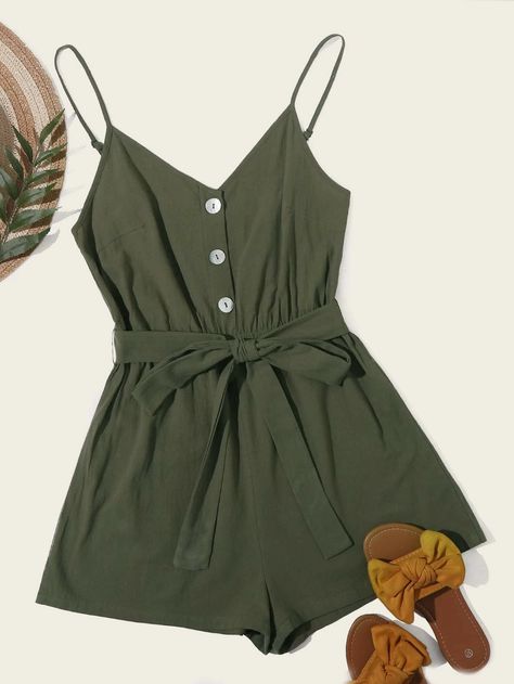 Button Front Belted Slip Romper | SHEIN USA High Waist Jumpsuit, Army Green Color, Silk Romper, Cami Romper, Wide Leg Romper, Belted Romper, Rompers Online, Jumpsuit Shorts Rompers, Strapless Romper