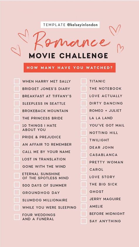 Romance Movie Challenge checklist by @kelseyinlondon How many have you watched? Margaritas, Movie Challenge, Romance Movie, Bridget Jones Diary, Brokeback Mountain, When Harry Met Sally, Bridget Jones, You've Got Mail, Love Actually