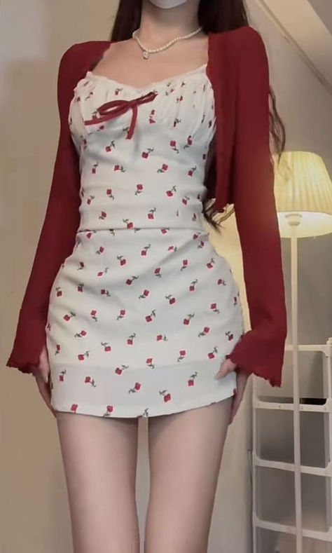 Korean valentines day outfit: red cardigan and flower mini dress Aesthetic Red Outfits Korean, Mini Dress Outfits Casual, Sweetheart Outfit, Valentine Outfits For Women, Cute Valentines Day Outfits, Valentines Day Dresses, 얼짱 소녀, Valentines Outfits, Valentine's Day Outfit