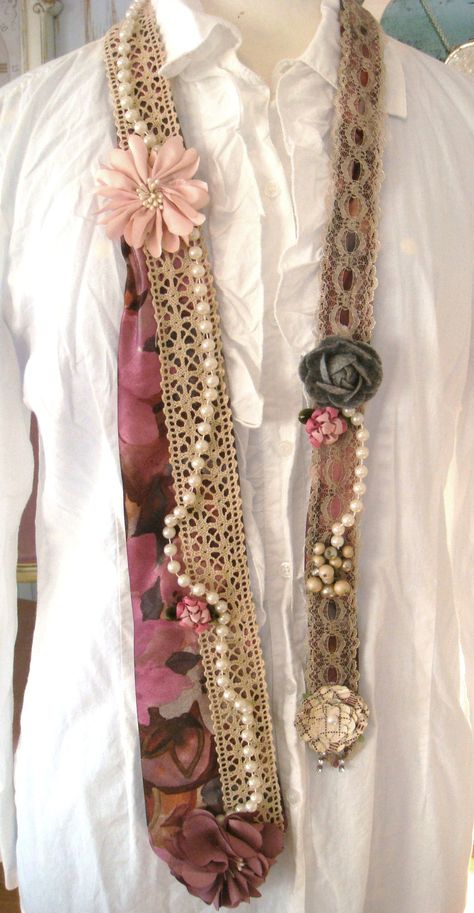 Tie in some romance with pearls and lace. Upcycle Accessories Diy, Neck Tie Crafts, Neck Tie Projects, Tie Projects, Mens Ties Crafts, Necktie Quilt, Necktie Crafts, Tie Ideas, Old Ties