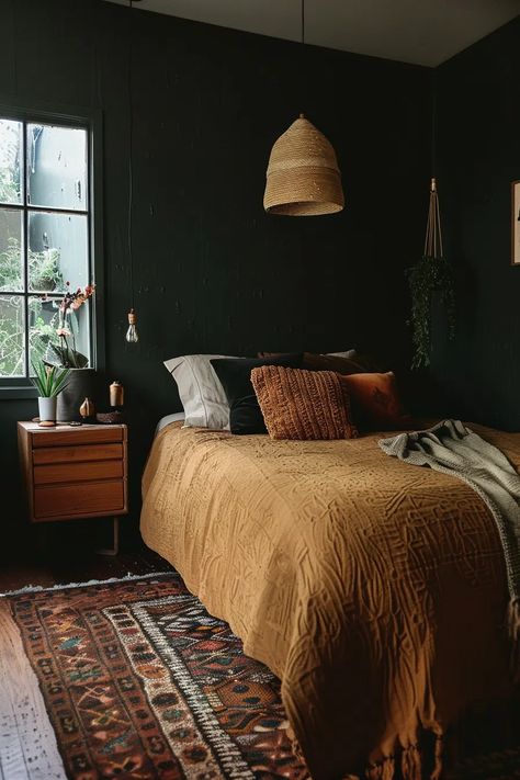 70+ Cozy Earthy Bedroom Ideas With Natural Elegance Dark Green And Terracotta Bedroom, Moody Minimalist Bedroom, Moody Boho Bedroom, Earthy Bedroom Decor, Calm House, Cozy Earthy Bedroom, Earthy Bedroom Ideas, Earthy Eclectic, Terracotta Bedroom