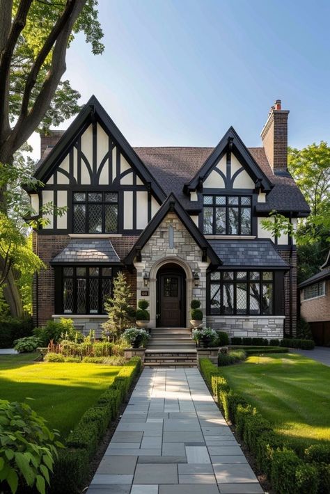 Tudor Exterior, Sleek Interior Redesign Historic Tudor Homes, Single Family House Architecture, Tudor Style Farmhouse, Dark Tudor House Exterior, Tudor Remodel Exterior Before And After, Tudor House With Porch, Blue Tudor House Exterior, French Modern Tudor House, Tudor Style Interior Design