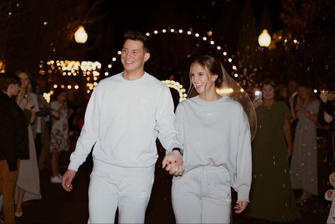 Wedding Matching Outfits For Couples, White Sweatsuit Wedding, Matching Sweats Wedding, White Wedding Sweatsuit, Sweats Wedding Exit, Bride And Groom Exit Outfit, Wedding Exit Sweatsuit, Wedding Send Off Outfit Ideas, Bride And Groom Sweat Suits Exit