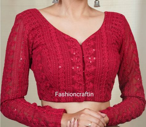 Red Chikankari EMBROIDERED BLOUSE, Front Open, Full Sleeves, Woman Choli Blouse, Party Wear Blouse, Saree Choli Blouse || Free Shipping || THANKS FOR VISIT IN MY SHOP Readymade Sari Blouse - Ready to Wear Front Open Princess Cut , Not Padds Soft, light weight and breathable fabric. If you could include following info in the note to whenever you placed the order, you will got best matched blouse * Chest size: * Waist size: * Blouse Length: * Sleeve Loose: * Sleeve Length: * Front Neck length: * Back Neck length: IF YOU DON'T FIND YOU SIZE HERE, PLEASE MESSAGE US. WE WILL MAKE ONE FOR YOU.  We usually ship within 3-5 working days after receiving clear payment, Heart Shape Blouse Design, Back Neck Designs For Blouses, Front Blouse Designs, Red Blouse Design, Princess Cut Blouse Design, Full Sleeves Blouse Designs, Blouse Party Wear, Party Wear Blouse, Full Sleeves Design