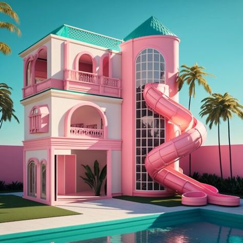 Real Barbie Dream House, Barbie Dream House Real Life, Barbie Dream House Background, Barbie House Real Life, Sims Barbie House, Barbiecore House, Barbie Dreamhouse Aesthetic, Barbie Aesthetic House, Barbie Movie House