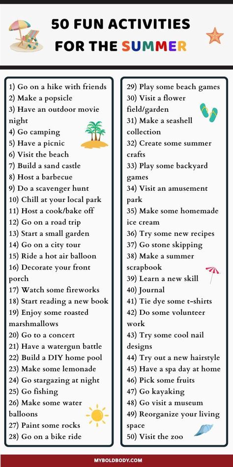 Looking for fun activities to try out this summer? Here are 50 exciting things to add to your summer bucket list. From fun and cheap activities to do from your backyard, to exciting adventures outdoors, and more. These fun activities can be enjoyed with friends, peers and family, and there’s something for every budget category too. Summer Activities For Teens, Family Summer Bucket List, Kids Summer Bucket List, Ultimate Summer Bucket List, Best Bucket List, Outdoor Adventure Activities, Date Activities, Kids Clothes Diy, Memories With Friends