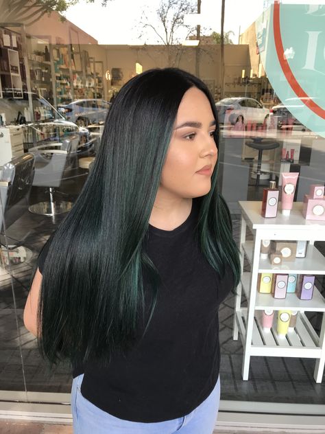 Balayage, Dark Hair With Dark Green Highlights, Very Dark Green Hair, Black Hair With Green Undertones, Midnight Green Hair, Dark Green Black Hair, Green And Black Curly Hair, Dark Green Hair Highlights, Dark Green Balayage