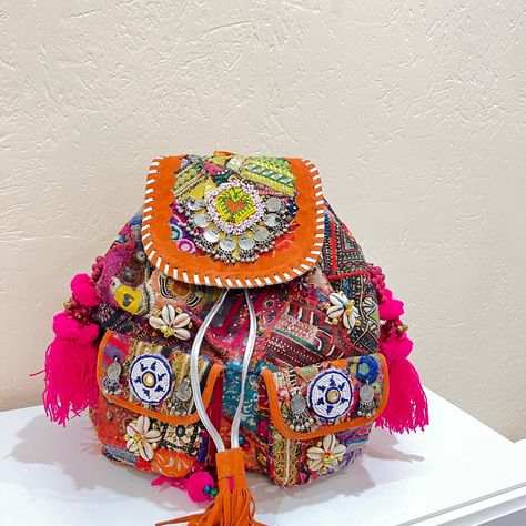 Meticulously Handcrafted Indian Boho Backpack.Embroidered With Thread, Mirrors, Beads, Leather, Shells And Tiny Bells. Takes A Week To Make A Single Bag. Feel Free To Reach Out For Any More Info. Mexico, Leather Book Bag, Leather Backpacks School, Palm Springs Mini Backpack, Handmade Backpack, Boho Backpack, Mesh Backpack, My Style Bags, Backpack Organization