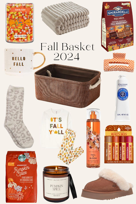 Fall Fall Coffee Gift Basket Ideas, Cheap Fall Gift Basket Ideas, Fall Themed Basket Raffle, Thanksgiving Gift Basket For Family, Fall Basket Raffle Ideas, Fall Prize Basket Ideas, Fall Basket For Girlfriend, Fall Gift Basket Ideas For Friends, Fall Boo Basket Ideas