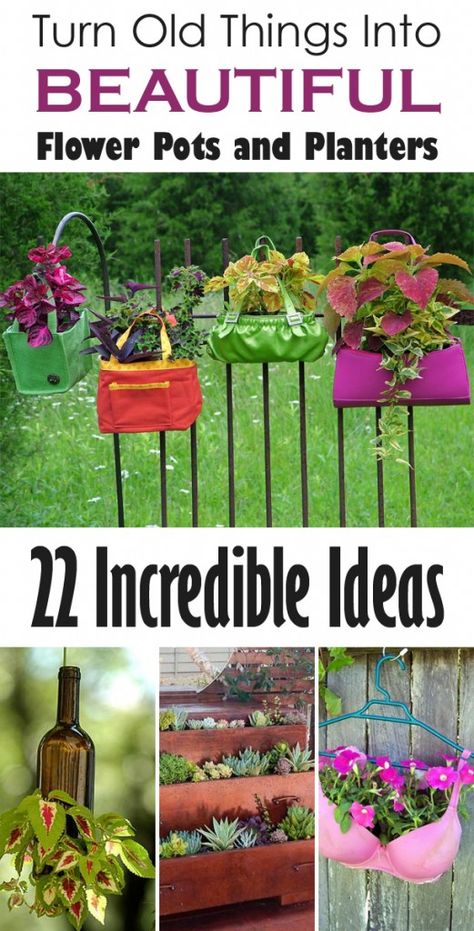 Upcycling, Cool Planters Outdoor, Things To Use As Planters, Creative Container Garden Ideas, Outdoor Plants In Pots Ideas, Lantern Planter Ideas, Tipped Over Flower Pot Ideas, Diy Flower Pots Recycle, Home Made Flower Pots