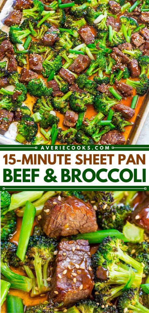 Sheet Pan Chinese Beef and Broccoli (15 Minutes!) - Averie Cooks Essen, Broccoli Sheet Pan Dinner, Sheet Pan Beef And Broccoli, Sheet Pan Beef, Broccoli Sheet Pan, Chinese Beef And Broccoli, Beef And Broccoli Stir Fry, Beef And Broccoli Recipe, Chinese Beef