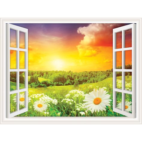 Daisies Window View Wall Graphics from Walls360! http://www.walls360.com/WindowViews Nature, Window View Painting Easy, Window View Illustration, Scenery Tattoo, Window Views, Window Crafts, Window Drawing, Faux Window, Porte Decorate