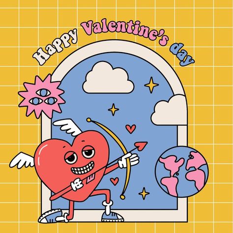 Groovy Cartoon, Heart Mascot, Arrow And Bow, Window Background, Arch Window, Art Vector Illustration, Valentines Illustration, Weird Vintage, Happy Valentines Day Card