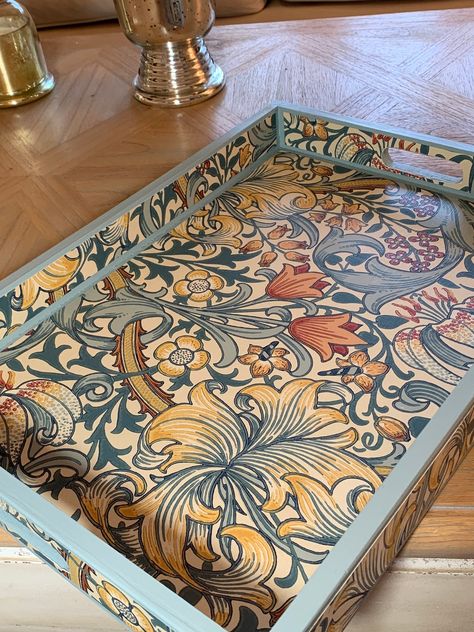 A handmade large decoupaged tray in a William Morris design brings this gorgeous tray to become a centre piece of your table or your kitchen. Important message Please note that I indicate that dispatch is within 1-2 weeks usually. Even though I take around 4-5 days to complete a tray. I take my time in the drying process and paint it minimum two coats. I also give myself time for mishaps. Therefore, I would be grateful if you could understand why my delivery is not as fast as other people and pe Wooden Tray Decopage, Painted Tray Ideas, Wooden Tray Ideas Decor, Decoupage Ideas Wood, Wood Tray Painting Ideas, Tray Design Ideas, Wooden Tray Painting Ideas, Tray Painting Ideas, Painted Trays Ideas