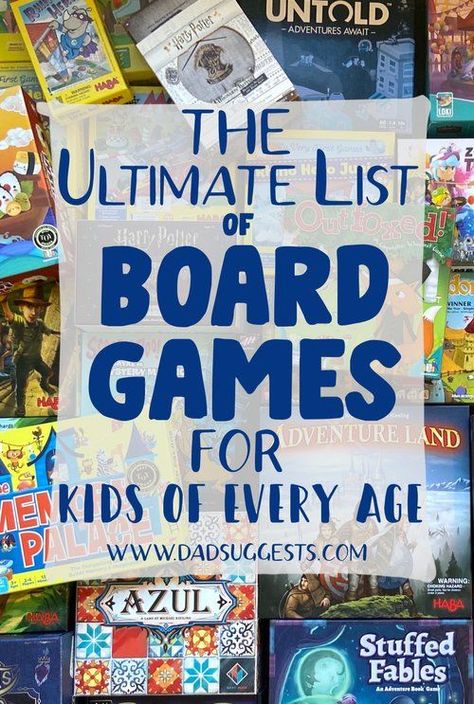 The ultimate list of family board games for kids of every age. Starting with the first board games for toddlers and continuing from there. Discover your new favorite game for family game night. #kidsgames #familygamenight #boardgames #familyboardgames #boardgamesforkids #giftideas #dadsuggests Best Board Games For Kids, Board Games For Kids 8-12, Best Games For Kids, Rainy Day Games, Top Board Games, Board Game Party, Best Family Board Games, Children Games, Games For All Ages