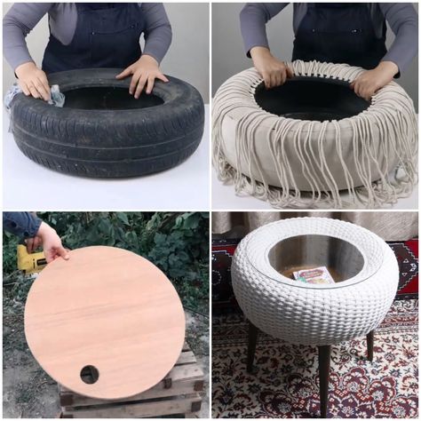 Simple Life - Transforming an old tire into a coffee table!🤯😮 Make A Coffee Table, Tire Table, Konst Designs, Reuse Old Tires, Tire Furniture, Fabric Rope, Table Making, Outdoor Furniture Diy Easy, Table Parts