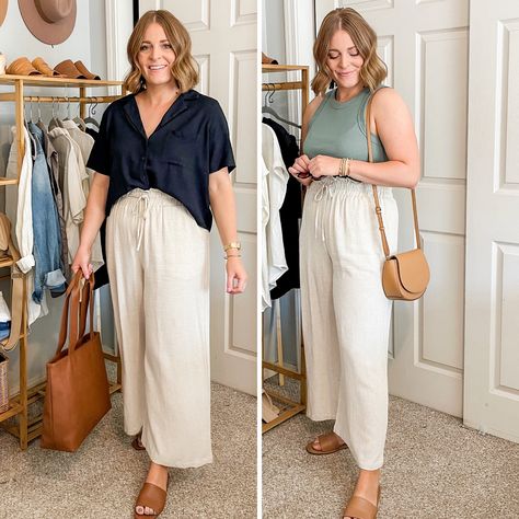 Cartagena, Linen Pants Outfit Professional, Linen Tapered Pants Outfit, Styling Cream Linen Pants, Linen Khaki Pants Outfit, Taupe Linen Pants Outfit, Lenin Pants Outfit Summer, Summer Work Clothes Business Casual, Linen Outfits Plus Size