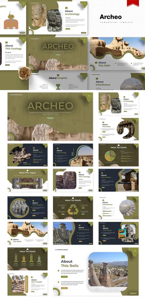 Archeo Powerpoint Presentation Template - 150+ Total Slides, on 5 Premade colors - 30 Slides for each Template Research Presentation Powerpoint, Geography Presentation, College Presentation, Powerpoint Slide Design, Power Point Slides, History Template, Power Point Templates, History Presentation, Mẫu Power Point
