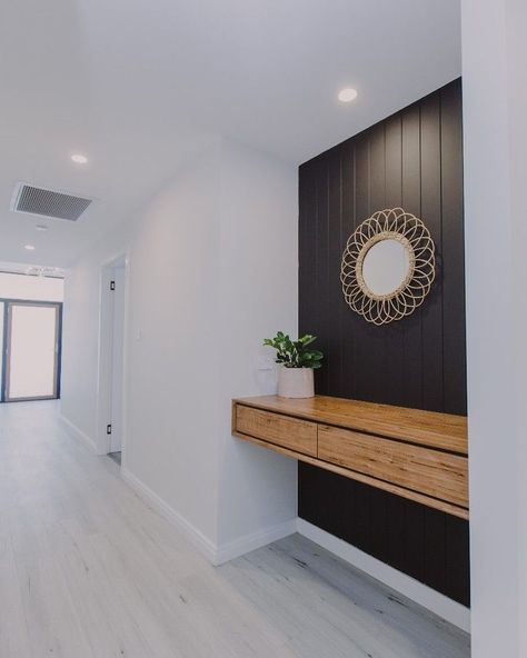 The dark color and wood wall panels make the entryway look modern. combined with this white color scheme will also produce a clean and bright room design. Black Wall Panel from @kitchen__centre #modernhomedecor #homedecorstyle Entryway Nook Ideas, Hallway Niche Ideas, Hallway Nook Ideas, Entryway Niche, Foyer Interior, Foyer Design Ideas, Entry Nook, Entryway Inspo, Entryway Decorating Ideas