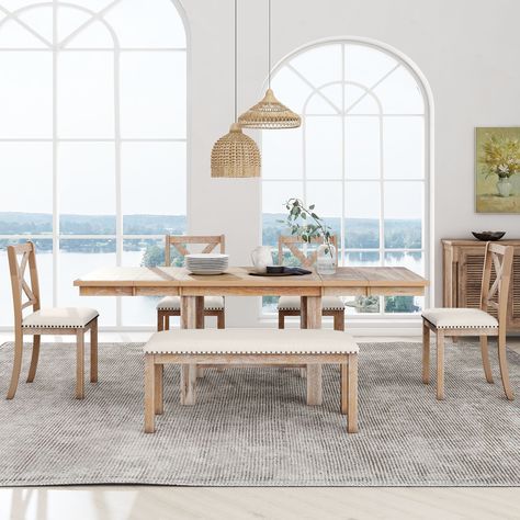 Extendable Dining Table Set, Long Bench, Expandable Dining Table, Kitchen Dining Sets, 4 Dining Chairs, Elegant Dinner, Kitchen Table Settings, Beige Cushions, Dining Table Set