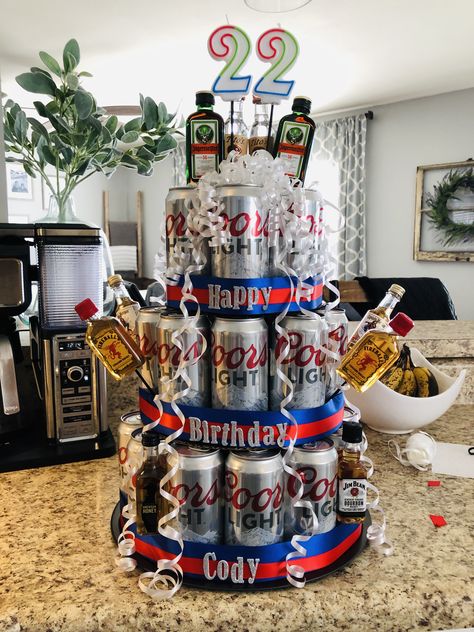 Beer “cake” design with Coors Light How To Make A Beer Can Cake Tower, Coors Light Gift Ideas, Beer Cake Tower For Men, Cake Made Out Of Beer Cans, Beer Can Birthday Cakes For Men, 21st Beer Cake, Busch Light Cake Beer Cans, Diy Beer Cake With Cans, Coors Light Cake Birthday