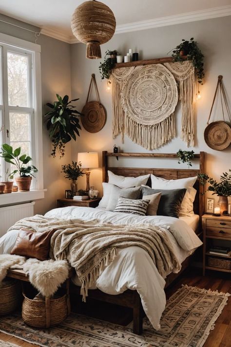 Cute Boho Room Ideas Bedrooms, Wall Mirror With Plants Around It, Cozy Boho Room, Wellness Bedroom, Vibes Bedroom, Bohemian Loft, Cozy Bedroom Decor Ideas, Decoration Ideas Bedroom, Boho Chic Bedroom Decor