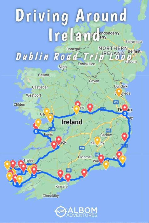 A map highlighting the best way to see the countryside by driving around Ireland. Here's our Irish road trip itinerary, looping from coast to coast. Ireland Road Trip Map, Irish Vacation, Ireland Road Trip Itinerary, Best Of Ireland, Ireland Road Trip, Ireland Itinerary, Ireland Map, Dublin Ireland Travel, Road Trip Map