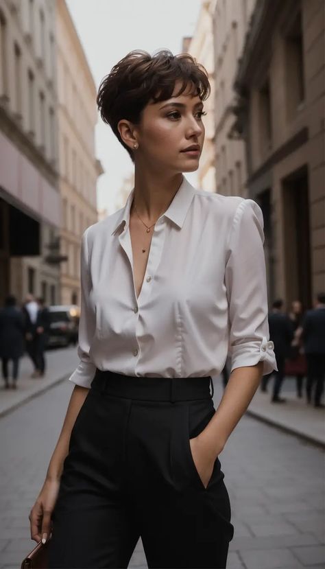 French Pixie Cuts: The Secret to Effortless Chic Italian Woman Short Hair, Dark Feminine Short Hair, Outfits With Pixie Haircut, Curtain Bangs Pixie Cut, Elegant Pixie Cut, Short Elegant Hair, Pixie Haircut Outfit, Pixie Hair Outfits, Short Wavy Pixie Haircut