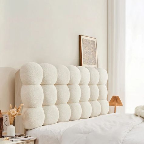 Modern Queen Tufted Upholstered Boucle Headboard Pillow in White Bed Velvet Headboard, Headboard Ideas Cushion, Aesthetic Bedroom Decorations, Aesthetic Queen Size Bed, Bed With Cushions, Aesthetic Headboard Bed, Beige Decor Bedroom, White And Gold Room Decor Bedroom, Cool Headboard Ideas