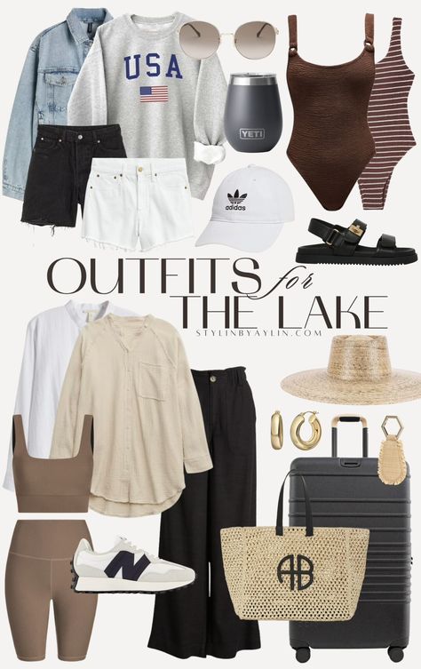 OUTFITS for the lake - Stylin by Aylin Lake Vacation Outfits, Lake Michigan Vacation, Lake Outfit Summer, Lake House Vacation, Cabin Outfit, River Outfit, Lake Outfit, Most Comfortable Sandals, Striped Bathing Suit