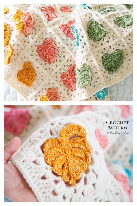 Plant Blanket Crochet, Leaf Blanket Crochet Pattern, Crochet Plant Ideas, Plant Granny Square Crochet, Unique Crochet Granny Square, Crochet Unique Granny Square, Blanket Squares Crochet, Leaf Blanket Crochet, Monstera Crochet Pattern Free