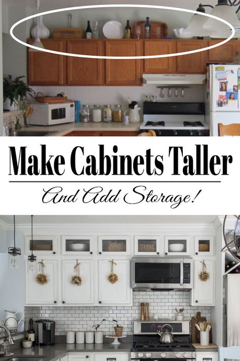 Wondering what to do with the extra space above your kitchen cabinets? Make it into more storage and organization for a small kitchen. This tutorial shows how to add height to kitchen cabinets with mostly basic skills and tools. #kitchencabinets #kitchenmakeover Tall Kitchen Cabinets, Cozy Loft, Tall Kitchen, Interior Boho, Kabinet Dapur, Kitchen Diy Makeover, Diy Kitchen Renovation, Diy Kitchen Remodel, Kitchen Organization Diy