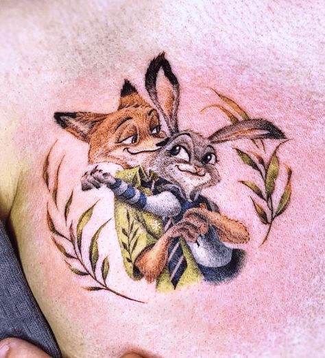 Zootopia Tattoo, Judy Hops, Hop Tattoo, Disney Sleeve Tattoos, Cute Couples Costumes, Zootopia Nick And Judy, Tattoo Couple, Disney Sleeve, Zootopia Art