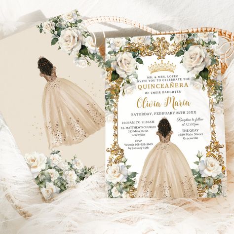 Quince Invites, Champagne Gold Dress, Beauty And The Beast Quince, Quince Planning, Purple Quinceanera, Purple Quinceanera Dresses, Vintage Gold Frame, Champagne Flowers, Dress Quinceanera