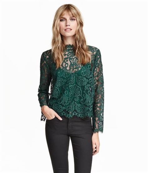 H&M green lace blouse Green Lace Top Outfit, Lace Shirt Outfit, Green Lace Shirt, Green Lace Blouse, Green Lace Top, Office Blouse, Spring Capsule Wardrobe, Satin Blouses, Women Shirts Blouse