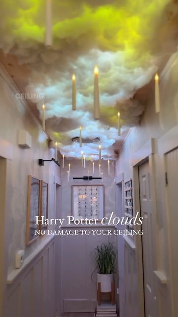 Shavonne • diy + design on Instagram: "The Viral Harry Potter Cloud Ceiling, without using staples and nails! ⚡️ We are in love with this magical vibe! 😍 What do you think? ✨ Follow Once Upon a Bungalow for more Home & DIY! #harrypotter #harrypottertiktok #cloud #cloudceiling #cloudceilingtutorial #tutorial #diycloud #clouds #hogwarts #halloween #halloweencrafts #halloweendecor #halloweendecorations #pumpkinseason #hogwartslegacy #hogwartsismyhome #hogwartsprofessors #gryffindor #slytherin #hufflepuff #ravenclaw #harrypotterhouses #crafty #crafts #diyproject" Hogwarts Great Hall Ceiling, Decorate House Like Hogwarts, Diy Ravenclaw Decor, Harry Potter Ceiling Candles, Harry Potter Great Hall Ceiling Diy, Hufflepuff Themed Bedroom, Hogwarts Ceiling Diy, Diy Harry Potter Ceiling, Great Hall Ceiling Hogwarts Diy