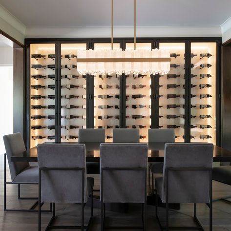 Wine Wall Dining Room, Dining Room Wine Wall, Accent Lighting Living Room, Wine Cellar Modern, Wall Dining Room, Wine Storage Wall, Wine Cellar Wall, Wine Room Design, Dining Room Interior Design