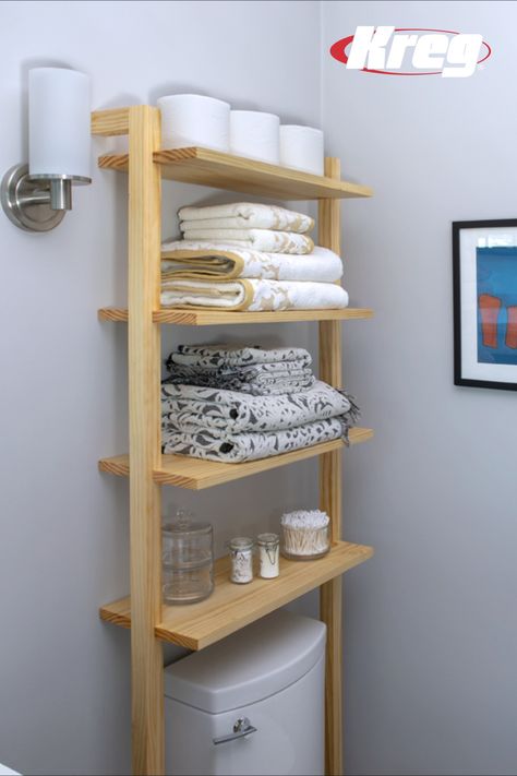 Add elegant storage to any bath with this simple, compact, but functional over-the-toilet ladder shelf. It’s a great place to store bathroom necessities in a room that’s always storage-challenged. Plus, it’s a perfect place to show off those beautiful guest towels nobody is ever allowed to use. Free printable plans with how-to steps, tools & materials list, cut list & diagram. Save Now, Build Later! #DIY #bathroom #storage #shelves #woodworking Pine Shelf, Bathroom Shelves For Towels, Diy Bathroom Storage Ideas, Toilet Shelves, Creative Bathroom, Project Plan, Diy Bathroom Storage, Bathroom Organization Diy, Over Toilet